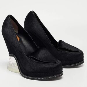 FENDI Ice Heel Calf Hair Leather Loafer Platform Wedge Avant Garde Goth Black 36